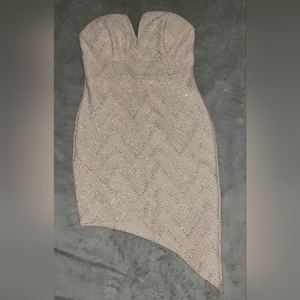 Charlotte Russe Champagne Sequin Strapless Asymmetrical Mini Dress